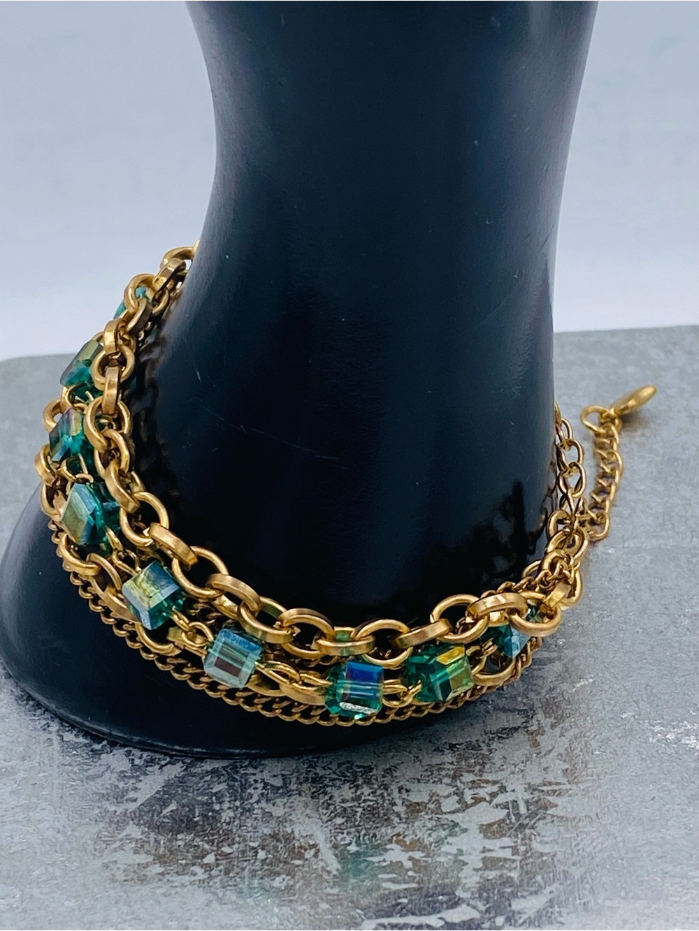 Vintage Multi Gold Chain Bracelet with Green Crystal Square Bead Accents
